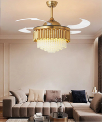 Gold ceiling fan with light fixture in a living room setting