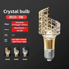 Crystal light bulb with specifications on a black background