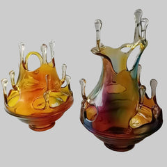 Two colorful glass fruit bowls on a white surface with text in the background