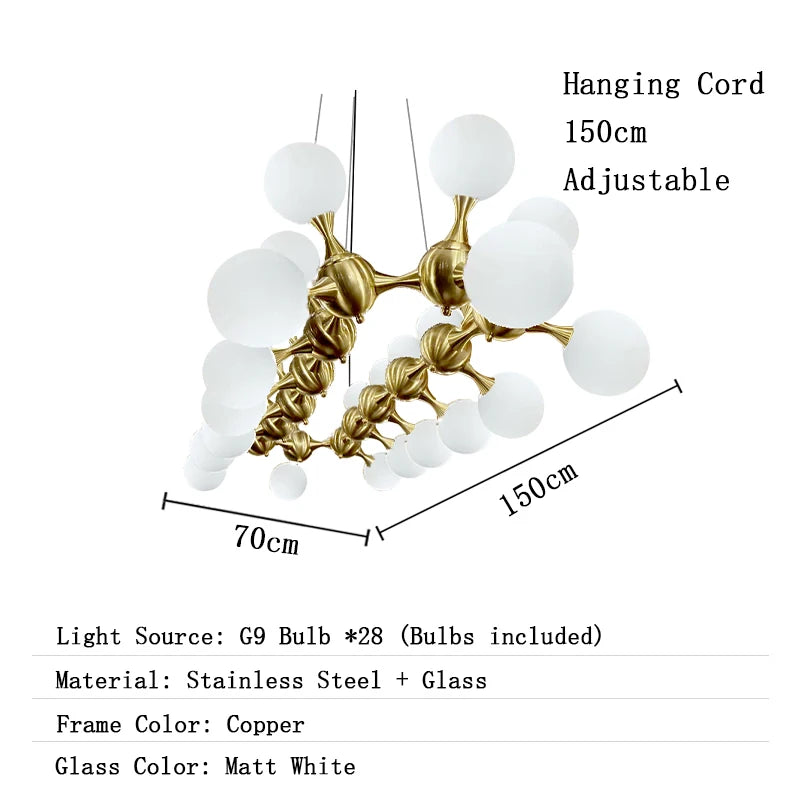 Chandelier with dimensions and material details on a white background