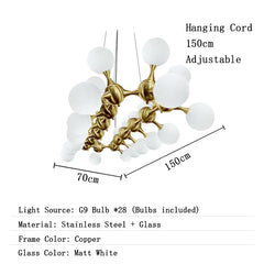 Chandelier with dimensions and material details on a white background