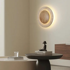 Natural Stone & Wood Round Wall Sconce with Ambient Warm LED Lighting