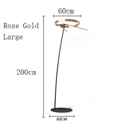 Rose gold floor lamp with dimensions on a white background