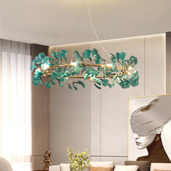 Gold Ginkgo Leaf Ring Pendant Light Fixture with Amber Glow