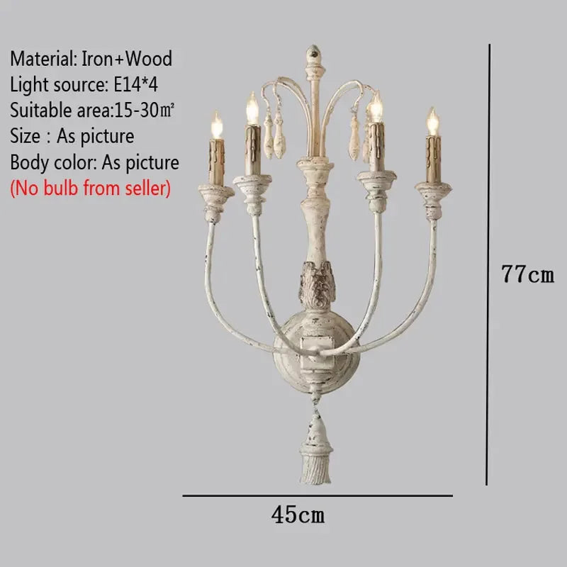 Decorative wall sconce with dimensions and material details on a gray background