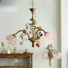 Brass Chandelier with Pink Rose Ceramic Buds and Frosted Glass Shades