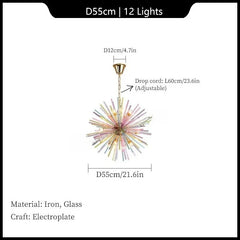 Gold Metal Frame Starburst Pendant Light with Colorful Glass Rods