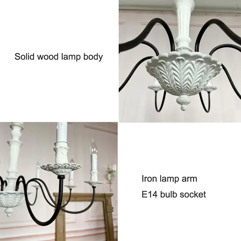Chandelier with solid wood lamp body and iron lamp arm, featuring E14 bulb socket.