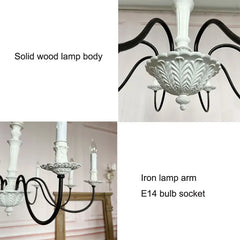 Chandelier with solid wood lamp body and iron lamp arm, featuring E14 bulb socket.
