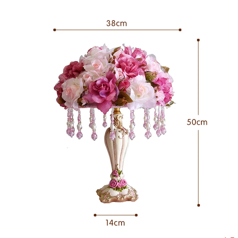 Decorative table lamp with floral design and measurements on a white background