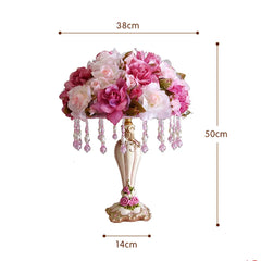 Decorative table lamp with floral design and measurements on a white background