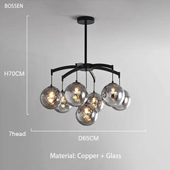 Black chandelier with glass shades on a gray background, featuring dimensions and material details.