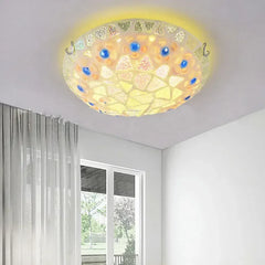 Seashell Mosaic Flush Mount Ceiling Light with Blue Gem Accents