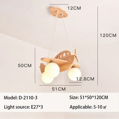 Wooden Airplane Pendant Light with Milk White Glass Shades