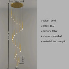 Gold LED chandelier with dimensions and specifications on a gray background
