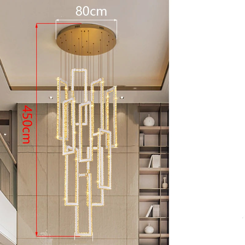 Modern chandelier with dimensions indicated in a room setting