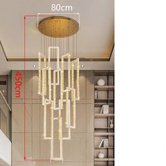 Modern chandelier with dimensions indicated in a room setting