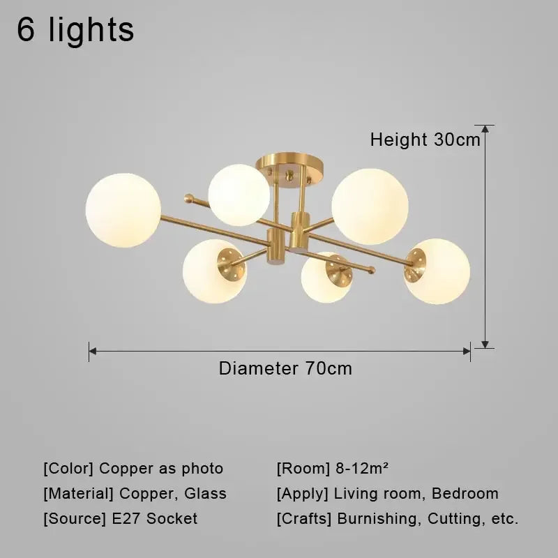 Chandelier with six lights, dimensions, and product details on a gray background