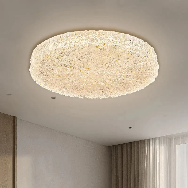 Interior view showcasing a gold resin textured flush mount ceiling light on a ceiling