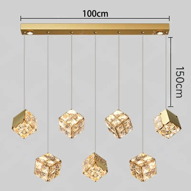 Gold pendant light fixture with crystal-like shades and dimensions on a gray background