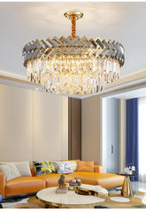 Gold Crystal Tiered Waterfall Chandelier with Geometric Accents