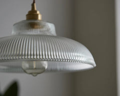 Close-up of a pendant light with ribbed glass shade against a neutral background