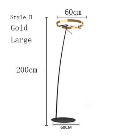 Gold floor lamp with dimensions on a white background