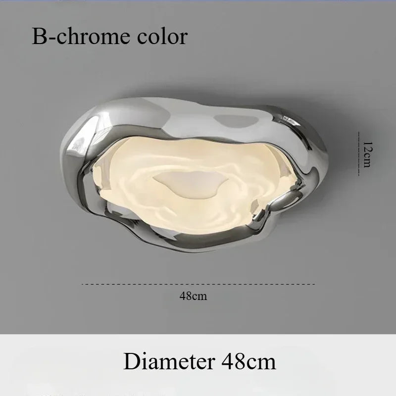 Chrome ceiling light fixture with dimensions on a gray background