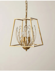 Gold Metal Geometric Frame Pendant Light with Crystal Accents