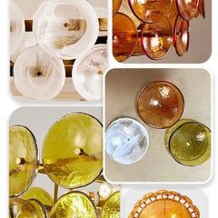 Close-up of assorted colored glass discs used in chandeliers.