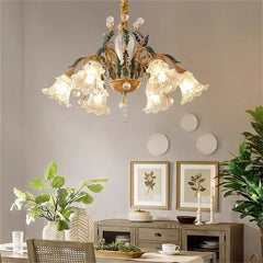 Gold Floral Glass Chandelier Multi-Arm Pendant Light