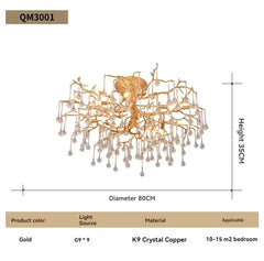 Gold Branch Crystal Waterfall Semi-Flush Mount Chandelier