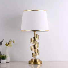 Gold Spiral Table Lamp with Geometric Band Fabric Shade