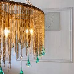 Gold Chain Tassel Chandelier with Teal Teardrop Accents