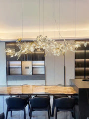 Gold Metal Ginkgo Leaf Pendant Chandelier with White Ceramic Flowers
