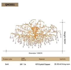 Gold Branch Crystal Waterfall Semi-Flush Mount Chandelier