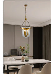 Brass Lantern Pendant Light with Clear Glass Bell Shade and Chain