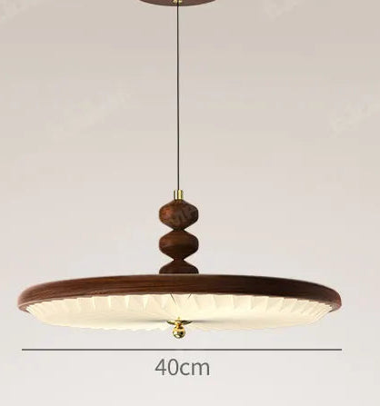 Wooden pendant light with technical specifications on a white background