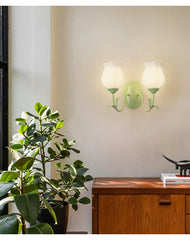 Green Floral Leaf Wall Sconce with Frosted Glass Tulip Shades