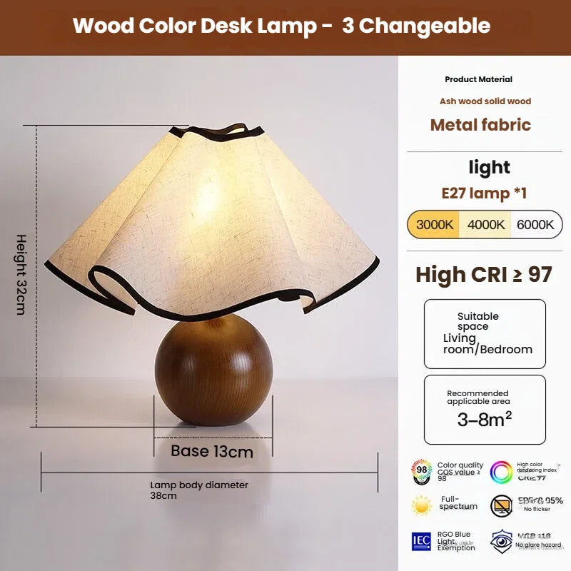 Wooden desk lamp with dimensions and specifications on a white background