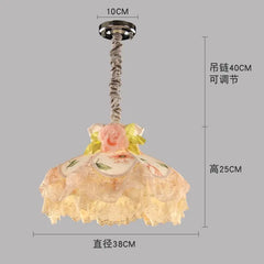 Pink Fabric Rose Flower Dress Pendant Light with Lace Ruffles