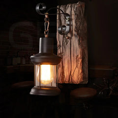 Black Iron Lantern Wall Sconce with Rustic Wood Backplate