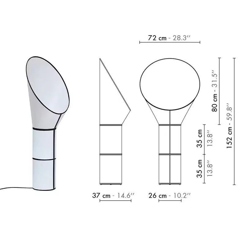 Dimensions of a lamp with side view, top view, and front view on a white background