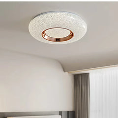 Circular flush mount ceiling light with a textured white surround and a central rose gold ring, studded with small sparkling lights.