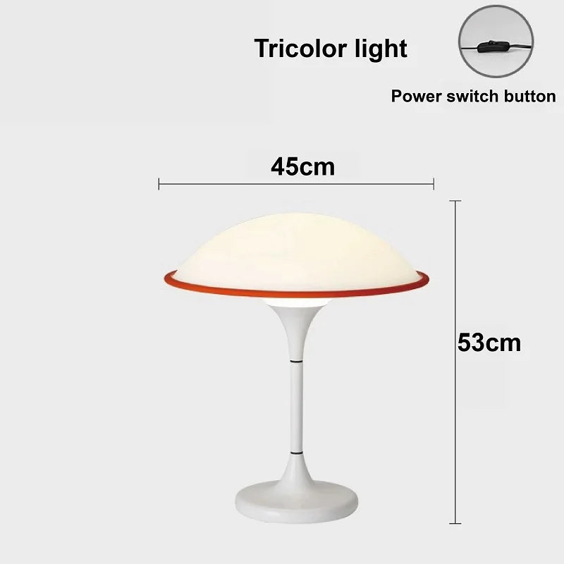 Table lamp with tricolor light feature and dimensions on a white background