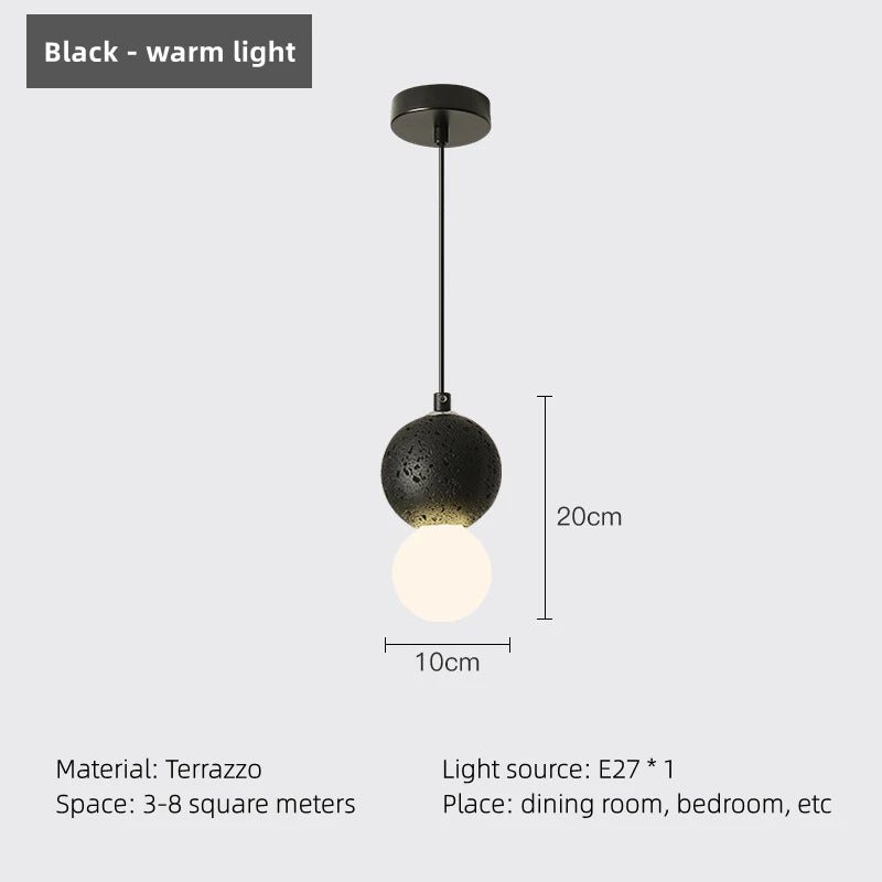Black pendant light with dimensions and material details on a white background