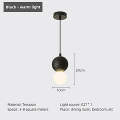 Black pendant light with dimensions and material details on a white background