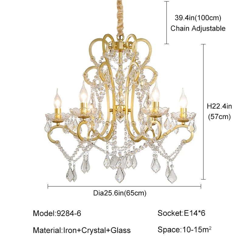 Gold chandelier with crystal accents and dimensions on a white background