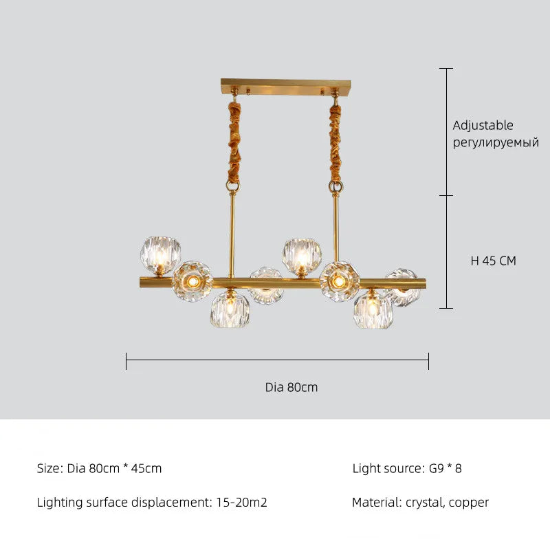 Chandelier with dimensions and specifications on a gray background