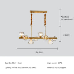Chandelier with dimensions and specifications on a gray background